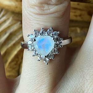 Rainbow Moonstone Sterling Silver Heart Ring Size 5.75